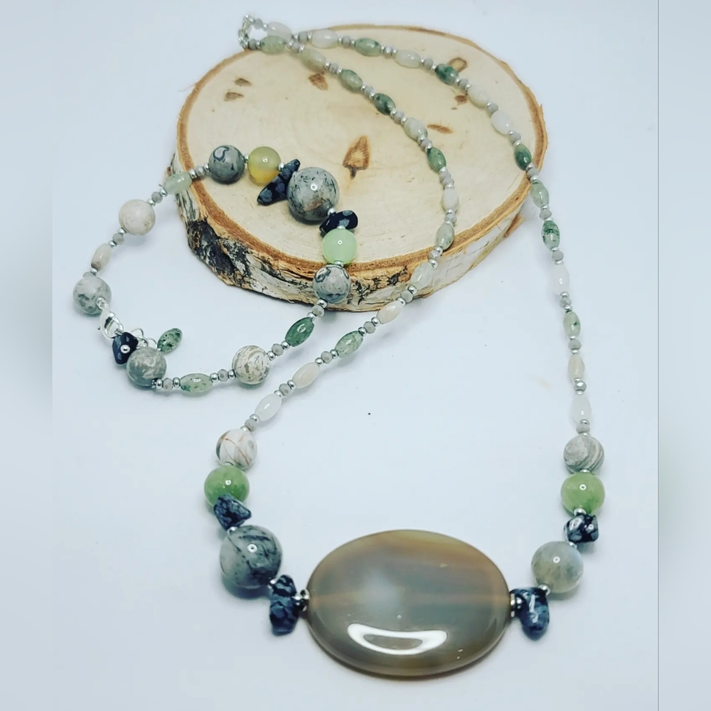 Moss Agate, Jasper, Rutilated Quartz necklace  and bracelet set